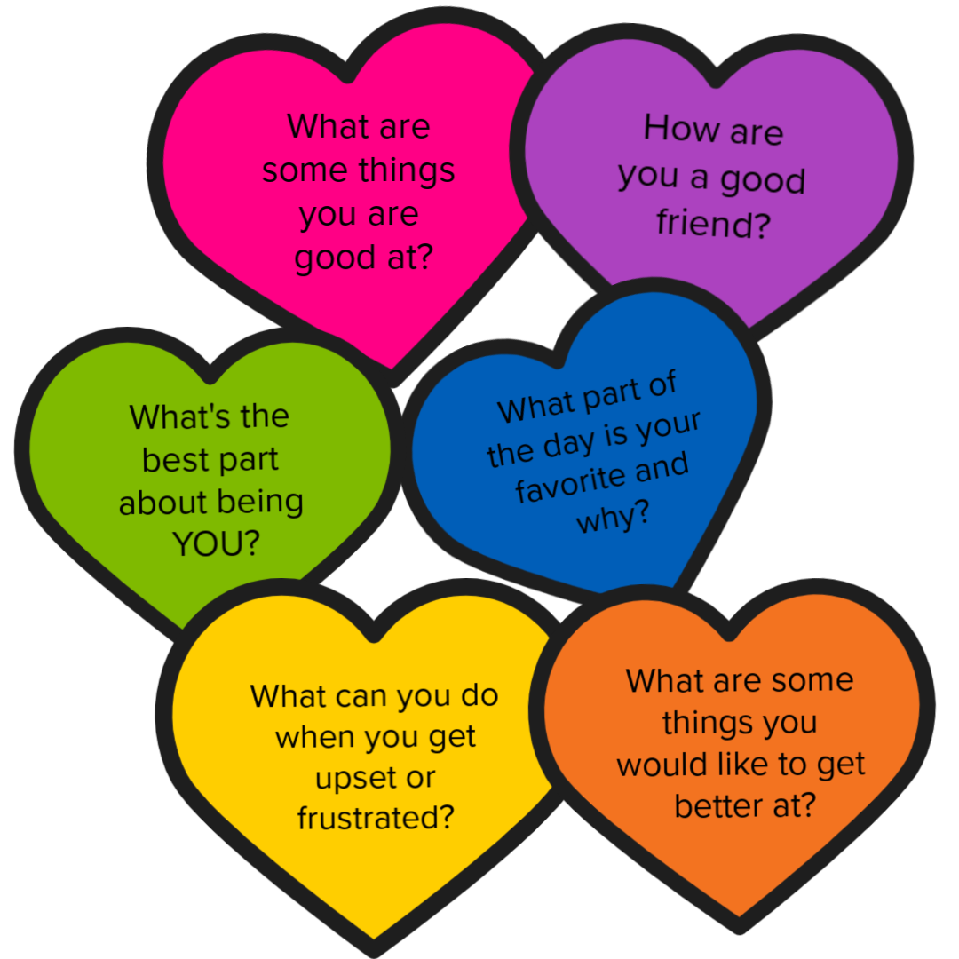 multi-colored hearts with conversation prompts in them