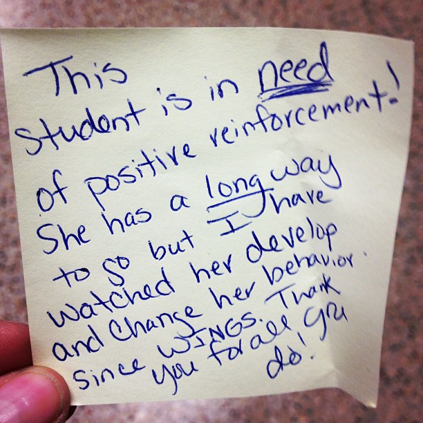 Post-it Note with a rave review of a WINGS student